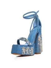 Rhinestone Fringe Single Band Open-toe Buckle Denim Platform Sandals With Adjustable-strap